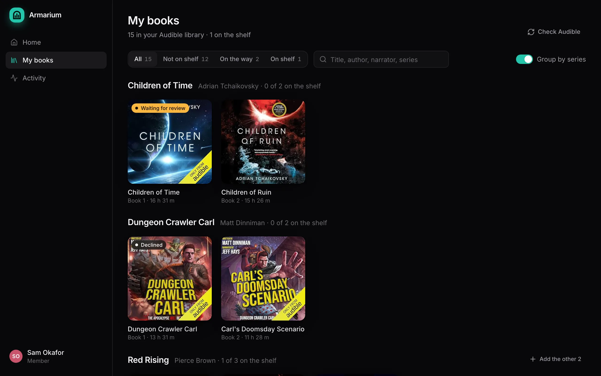A member’s library in Armarium, grouped by series, with each book’s status