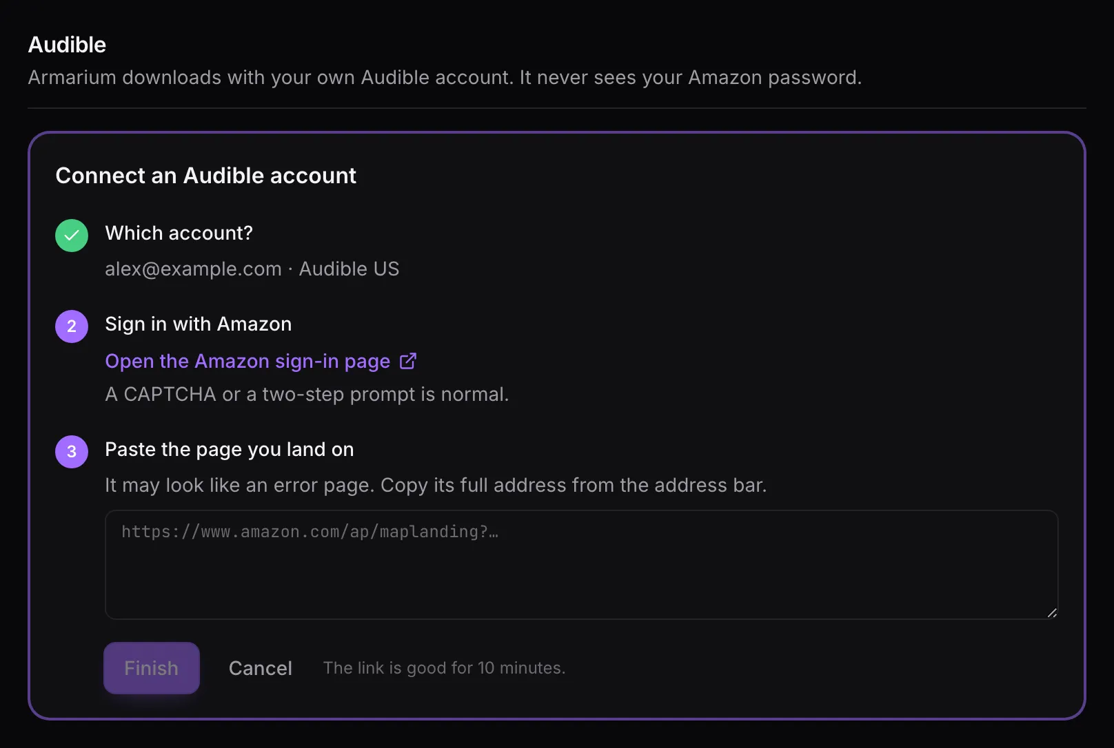 The three steps of connecting an Audible account
