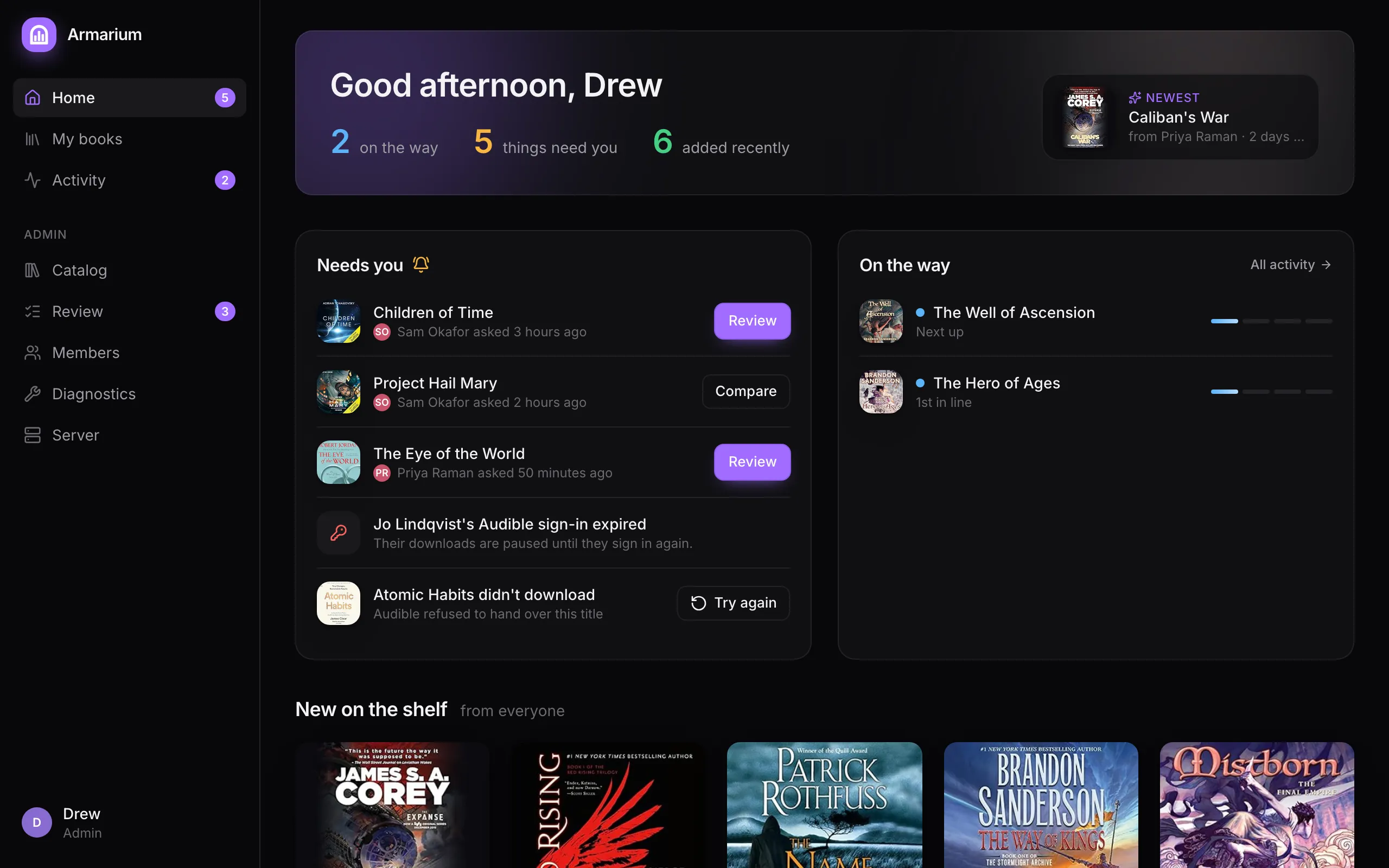 Armarium’s Home page: requests that need the admin, books on the way, and what’s new on the shelf