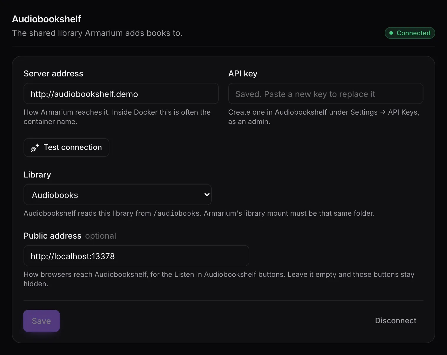 The Audiobookshelf section of the Server page