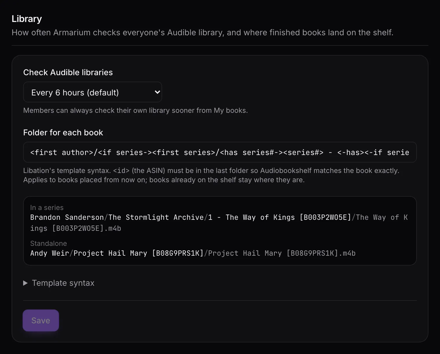 The Library section, with the template preview