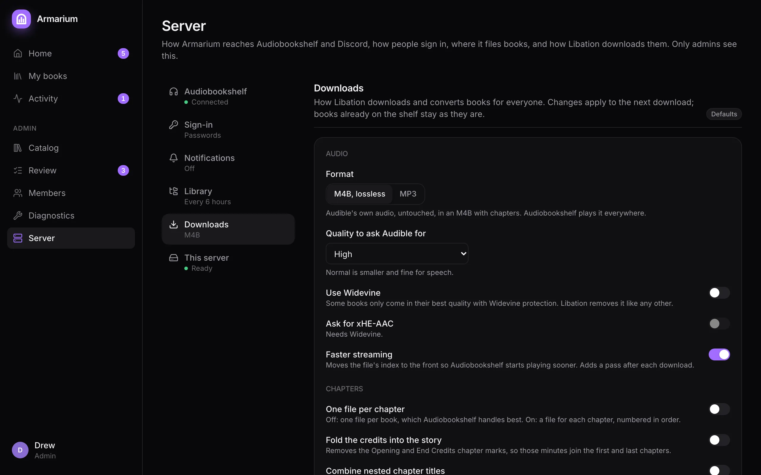 The Server page, with its tabs on the left